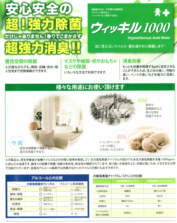 除菌 消臭液「万立:次亜塩素酸水 ウィッキル1000 10L」